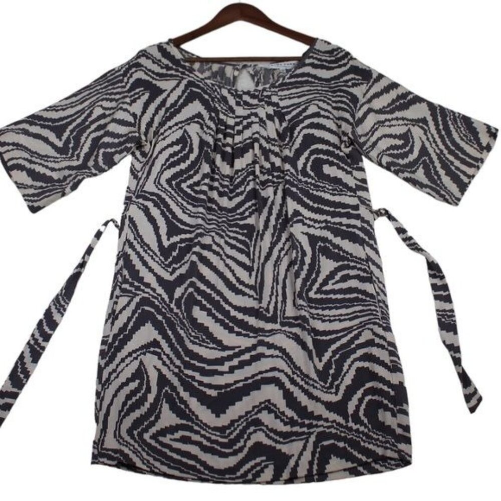 Trina Turk Women Zebra Dress Silk Size 2 Gray Cream Short Sleeve Shift Belted - Picture 3 of 12